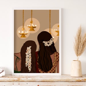 Art mural soeur Desi meilleurs amis de l'Inde du Sud Art télougou Deepa Bestie Art mural Inde Diya impression brune Desi fille tamoule Illustration mélanine