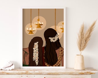 Sister Wall Art Desi South Indian Best Friends Art Telugu Deepa Bestie Wall Art India Diya Print Brown Desi Tamil Girl Melanin Illustration