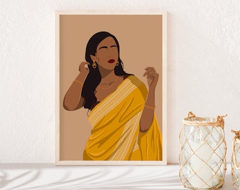May include: A digital illustration of a woman with long dark hair wearing a yellow and gold sari. She is looking to the side and has her hand on her hair.