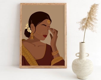 May include: A digital illustration of a woman with dark brown skin wearing a maroon and gold sari with gold jewelry. She has a flower behind her ear and is touching her face with her hand.