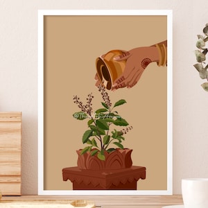 Könnte beinhalten: Eine Hand gießt Wasser aus einem Kupfertopf auf eine Topfpflanze Tulsi. Die Pflanze steht in einem Terrakotta-Topf mit einem dekorativen Sockel. Der Hintergrund ist hellbraun.