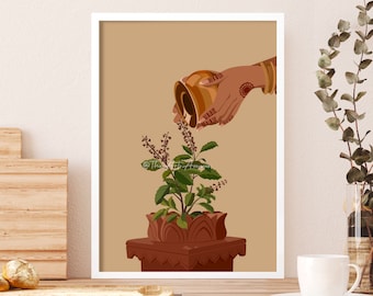 Tulsi Pooja Art, Tulsi Print, Tulsi Plant Art, Desi Art, Tamil Art, South Indian Art, Hindu Wall Art, Gujarati Art, Tamil Art, Hindu Art