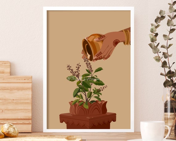 Tulsi Pooja Art, Tulsi Print, Tulsi Plant Art, Desi Art, Tamil Art, South Indian Art, Hindu Wall Art, Gujarati Art, Tamil Art, Hindu Art