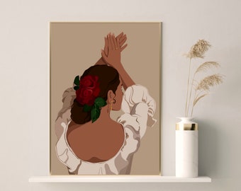 May include: A digital illustration of a woman with dark brown hair wearing a white dress with a red rose in her hair. The background is a light brown color.