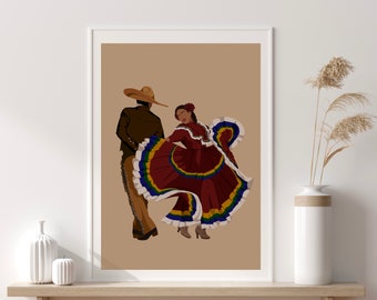 May include: A woman in a red, white, and blue dress dances with a man wearing a brown suit and a straw hat. The woman's dress has a ruffled skirt and a floral design. The man is wearing a brown suit and a straw hat. The background is a light brown color.