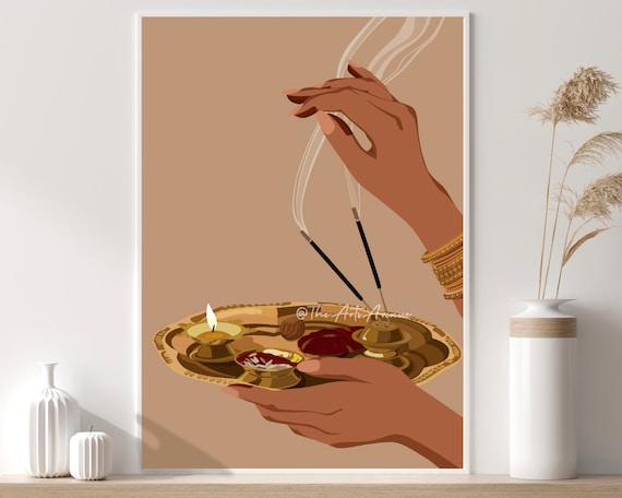 Indian Pooja Thali Art, Aarti Thali Artwork, Indian Wall Art, Asian Art, South Indian Art, Desi Prints, Indian Art Print, South Asian Art