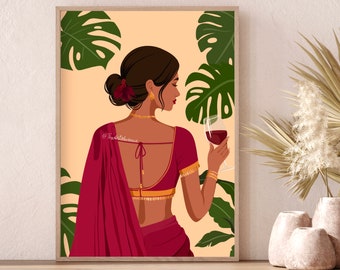 Modern Indian Woman Drinking Art, Desi Art, Indian Wall Art, South Asian Art, Indian Art, Brown Girl, South Asian Prints, Desi Wine Art