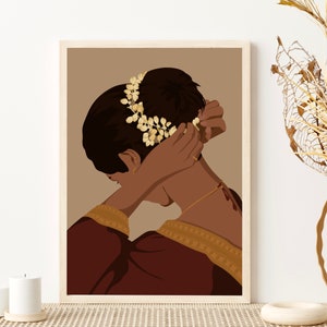 May include: A digital illustration of a person with dark brown hair wearing a brown dress and a floral crown. The background is a light brown color.