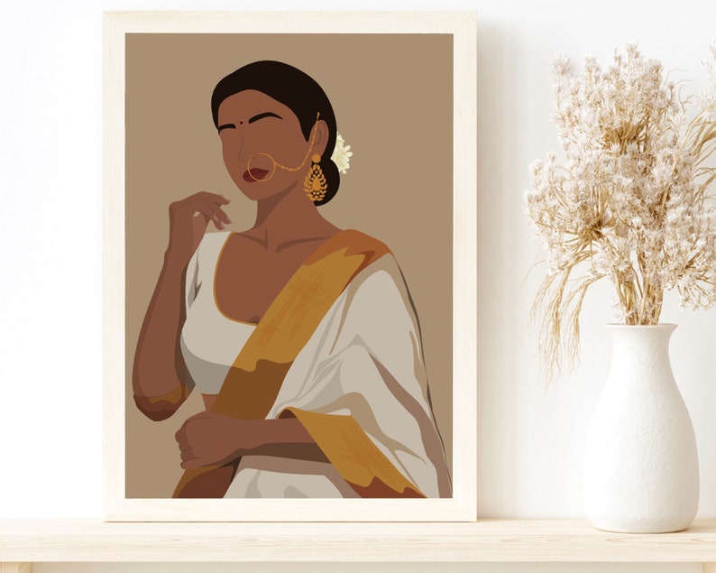 May include: A digital illustration of a woman wearing a white and gold sari with a flower in her hair. She has dark hair and brown skin and is wearing gold jewelry.