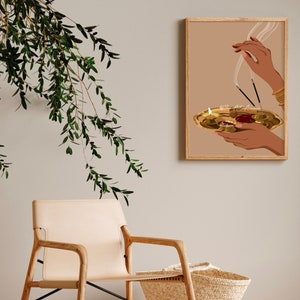 May include: A digital illustration of a person's hands holding a golden plate with lit candles and incense sticks. The background is a light brown color.