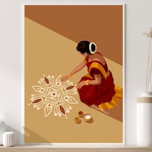 Op de afbeelding: Een vrouw in een rode en gouden sari tekent een wit rangoli-ontwerp op een bruine vloer. Rangoli is een traditioneel Indiaas ontwerp dat vaak wordt gebruikt voor festivals en vieringen. Er zijn kleine kommen met wit poeder in de buurt.