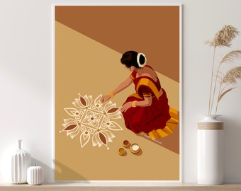 Indisk kvinna som gör Rangoli Kolam Väggkonst Diwali-konst Tamil Sydasiatisk konst Modern indisk konst Sydindisk konst Desi Tamil Konst Digital Konst