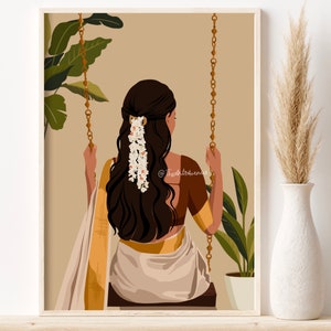 May include: A woman in a white and gold sari sits on a swing with her back to the viewer. She has long dark hair with white flowers woven into it. The background is a light brown with green plants.
