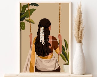 Indian Woman Playing On Swing Brown Girl Art Tamil Girl South Asian Wall Art Desi Girl Desi Illustration American Indian Art Indian Wall Art