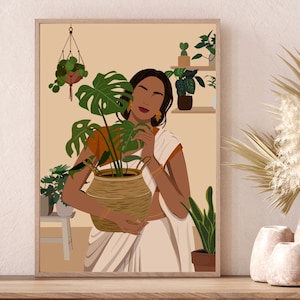 Indian Plant Mom Art, Indian Art, Indian Botanical Women, Desi Plant Mom Art, South Asian Art, Desi Art, Indian Wall Art, Modern Indian Art