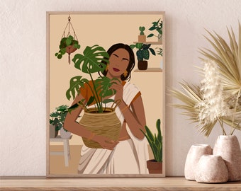 Indian Plant Mom Art, Indian Art, Indian Botanical Women, Desi Plant Mom Art, South Asian Art, Desi Art, Indian Wall Art, Modern Indian Art
