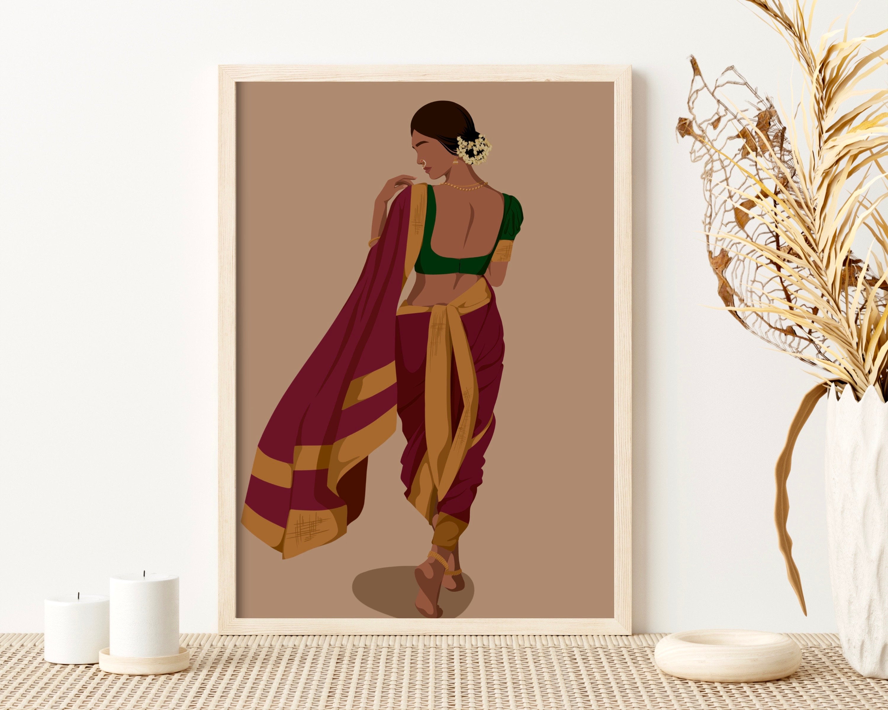 Maharashtrian Artwork, Kasta Nauvari Saree Art, South Asian Art, Brown Girl Art, South Asian Art, Desi Girl, Desi Illustration, Indian Art.