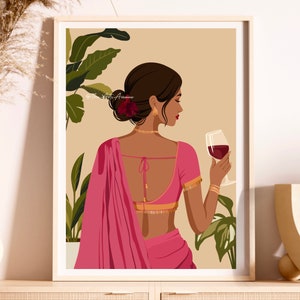 Modern Indian Woman Drinking Art, Desi Art, Indian Wall Art, South Asian Art, Indian Art, Brown Girl, South Asian Prints, Desi Wine Art