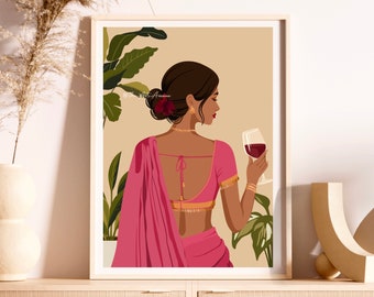 Modern Indian Woman Drinking Art, Desi Art, Indian Wall Art, South Asian Art, Indian Art, Brown Girl, South Asian Prints, Desi Wine Art