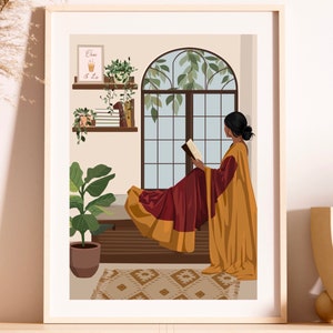 Indian Book Lover Art, Desi Plant Mom, Indian Art, South Asian Art, Desi Art, Indian Wall Art, Tamil Art, Modern Indian Art, Bangladeshi Art