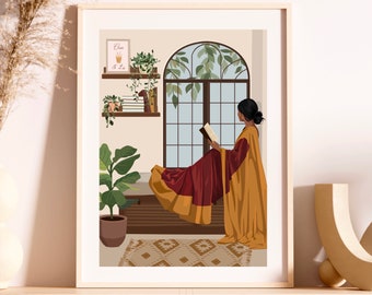May include: A woman in a yellow and maroon saree sits by a window reading a book. The window has an arched top and is framed by green plants. The room is decorated with plants and a sign that says "Chai & Life".