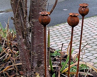 Set of 3 Rusty Poppy Seed head Pattern naturally rusting ornamental metal plant supports