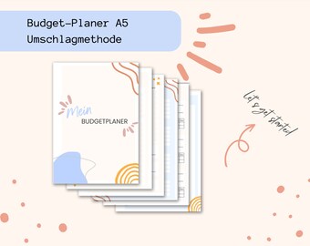 May include: A set of budget planner pages with a light blue, white and yellow abstract design. The cover page says "Mein BUDGETPLANER" and the text "Budget-Planer A5 Umschlagmethode" is at the top of the image.