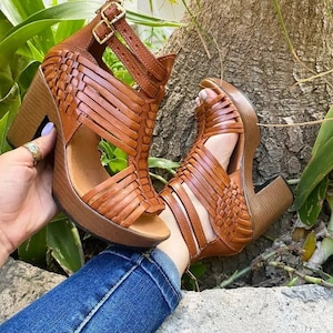 Ankle strap heels/ Mexican huarache Wedges/mexican heels/mexican wedges/ leather heels/ huarache wedge/mexican wedges sandals/leather heels image 1