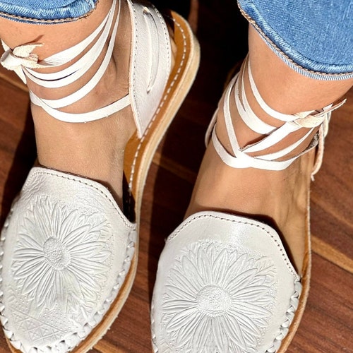 Huarache Sandal Laceup White Tooled /mexican Sandals for Etsy