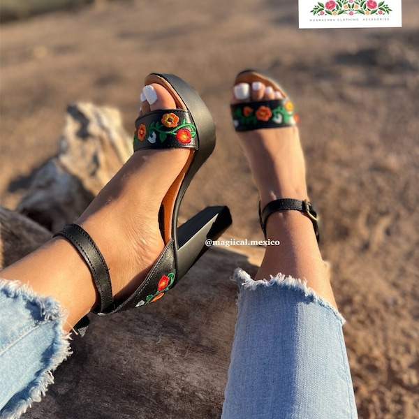 Mexican Heels floral embroidery/ black leather heels / Mexican heels/ Mexican wedges embroidery/ leather sandals women/ black sandals