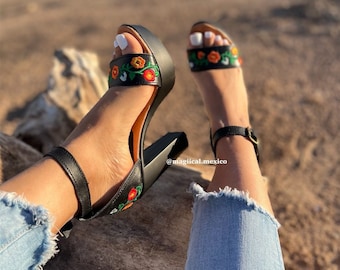 Floral Embroidered Black Leather Mexican Heels