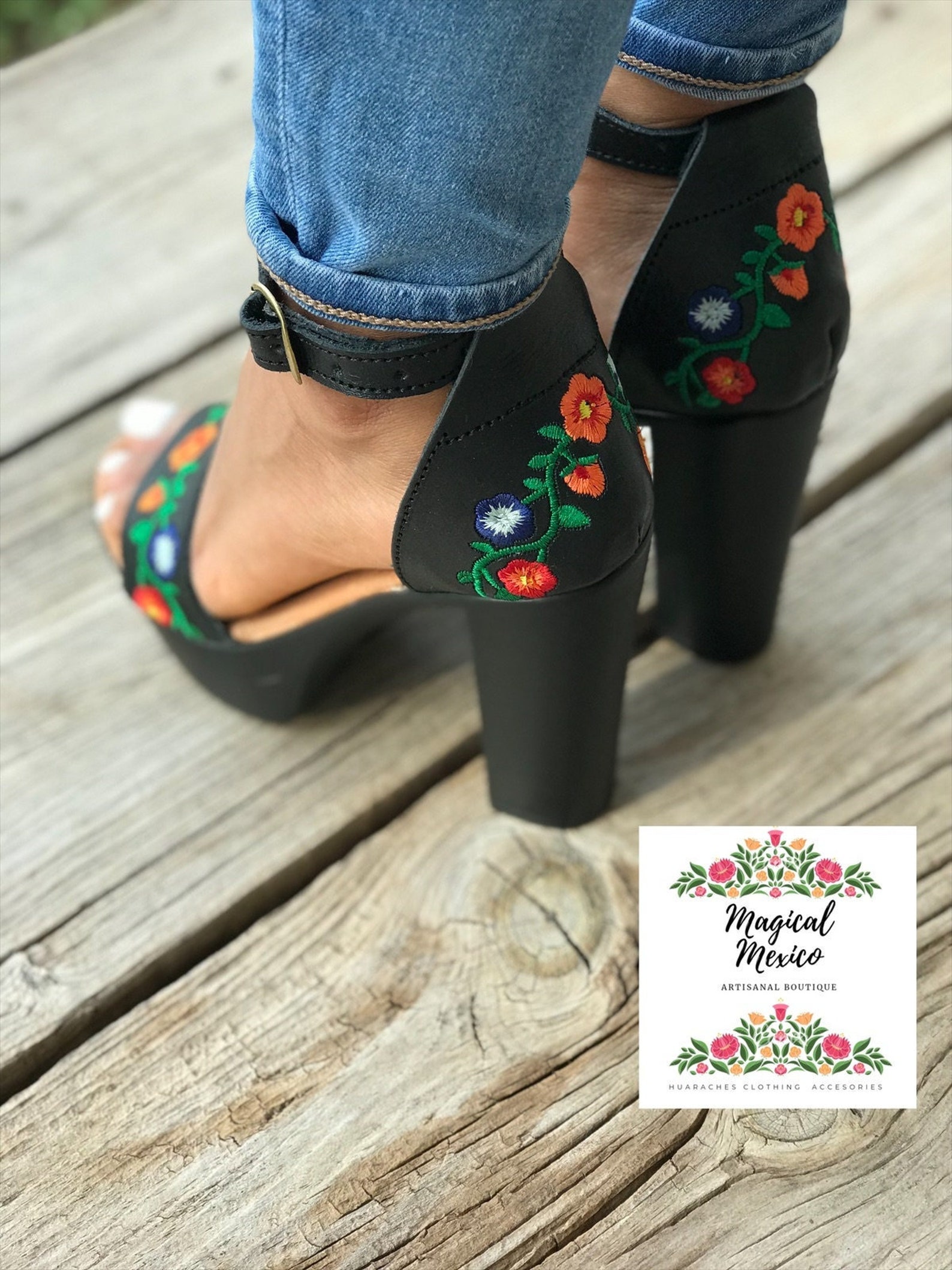 Mexican Heels Floral Embroidery/ Black Leather Heels / Mexican - Etsy