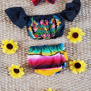 Mexicaanse outfit babymeisje/ Sarape-outfit voor baby/ fiesta uno-set/ babybloeiers/ Mexicaanse jurk voor babymeisje/ cinco de mayo-jurk voor baby