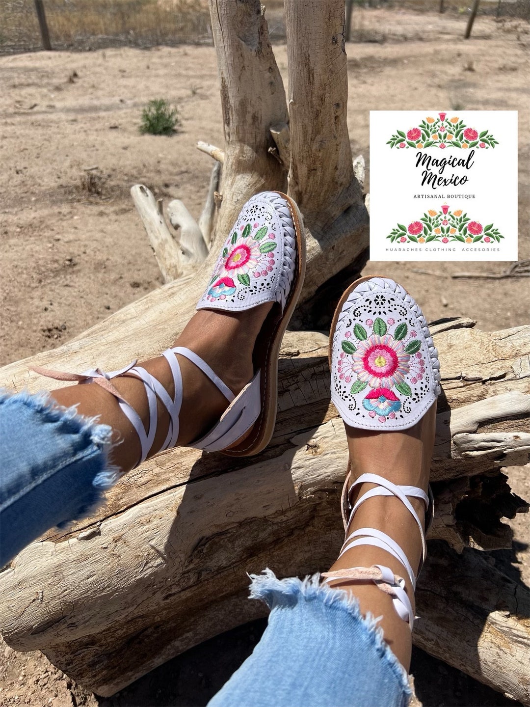 Huarache Sandal White Embroidered/ Boho Hippie Sandals White / Mexican