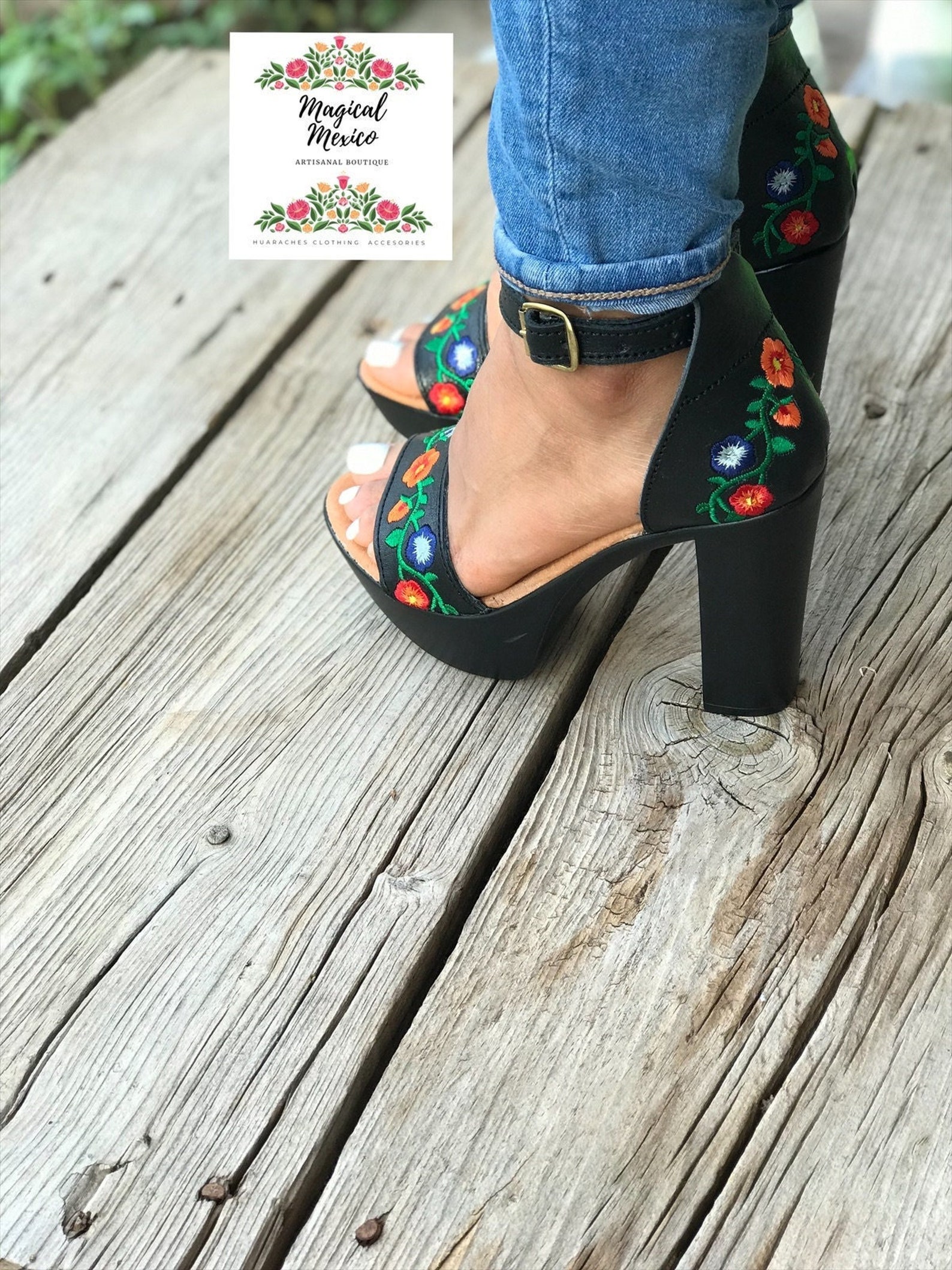 Mexican Heels Floral Embroidery/ Black Leather Heels / Mexican - Etsy