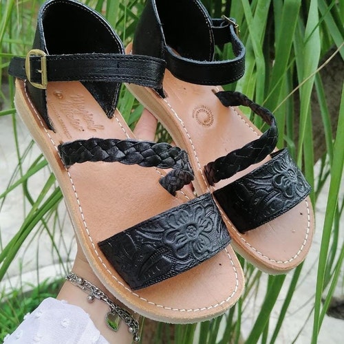 Black Huarache Sandal Tooled Open Toes/ Mexican Sandals Black/ Etsy