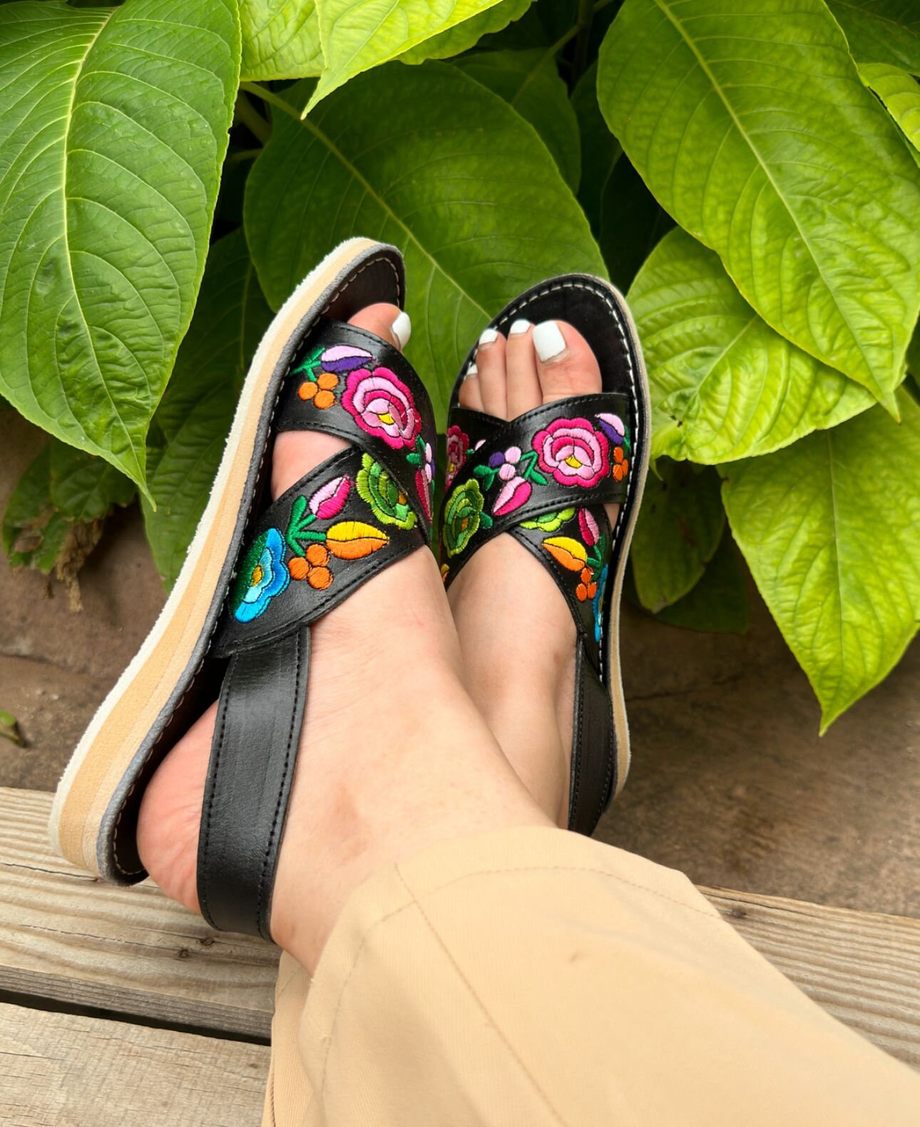 Embroidered Black Leather Huarache Sandals - Mexican Open Toe