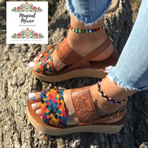 Huarache platform tooled/ Mexican sandals women/platforms sandals Mexican style/ huarache wedge/ leather sandals women/ multicolor sandals