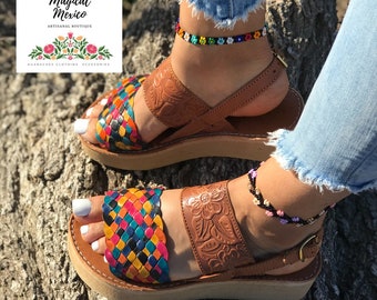 Huarache platform tooled/ Mexican sandals women/platforms sandals Mexican style/ huarache wedge/ leather sandals women/ multicolor sandals