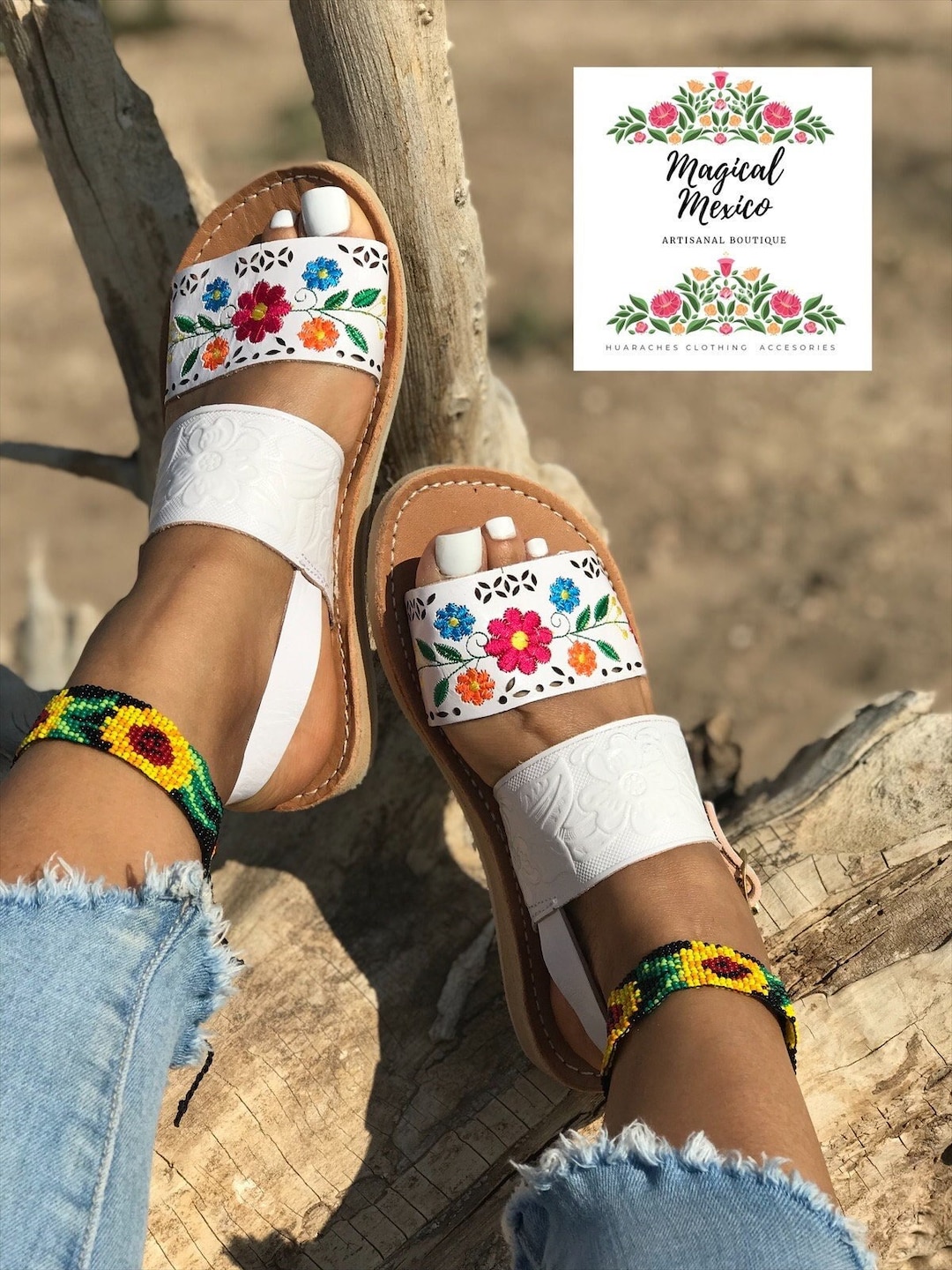Huarache Sandal Women White Embroidered/ White Huarache Women/ Mexican