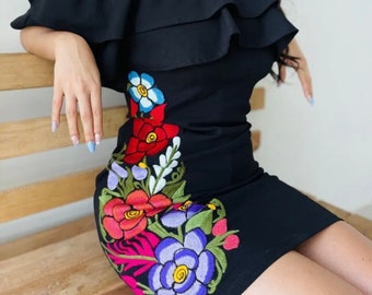 Mexican Dress Embroidered off the Shoulder Mexican Dress Floral Embroidery Cinco De Mayo Dress Mexican Fiesta Dress Traditional Dress Etsy