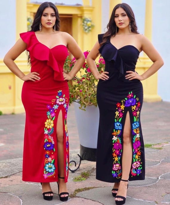 Embroidered Mexican Dress: Fiesta One-Shoulder Gown (S-M)