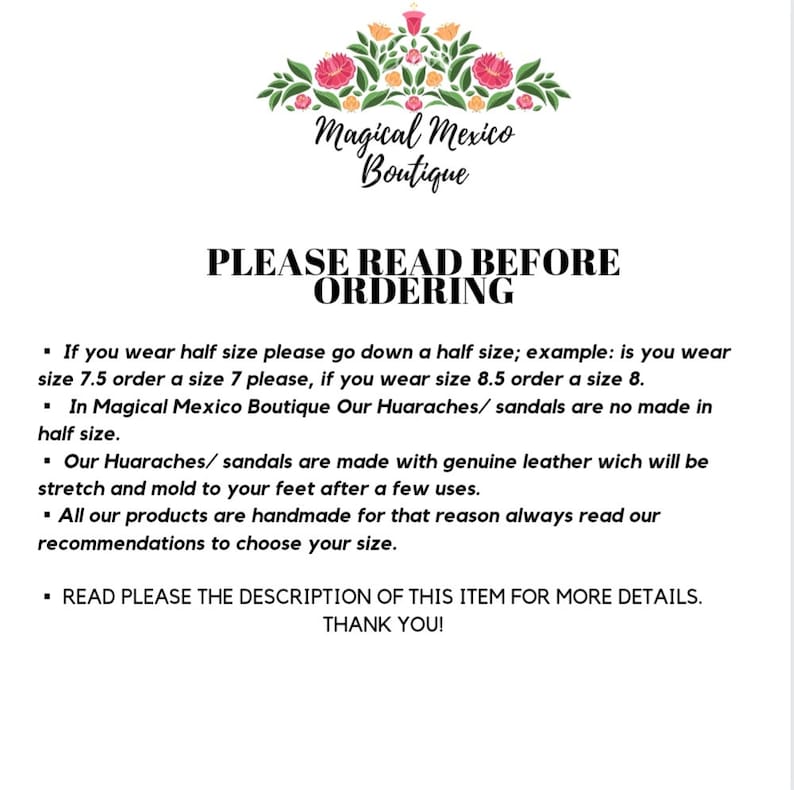 K&ouml;nnte beinhalten: Ein Textbild mit dem Titel "Magical Mexico Boutique" und dem Text "PLEASE READ BEFORE ORDERING" in gro&szlig;en, fetten Buchstaben. Der Text darunter erkl&auml;rt die Gr&ouml;&szlig;enangaben und Materialien, die f&uuml;r die Produkte der Boutique verwendet werden.