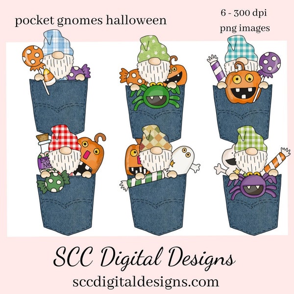 Pocket Gnomes Halloween Clipart, Spiders, Spooky Pumpkins, Candy, Teacher Resources, Instant Download, Commercial Use, Clip Art PNG Set