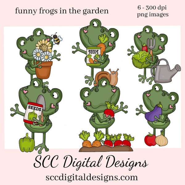 Funny Frogs in the Garden, Dancing Frog, Veggies, Flower, Gardening Tools, Seeds, Instant Download, Commercial Use, Clip Art PNG, Digi Scrap