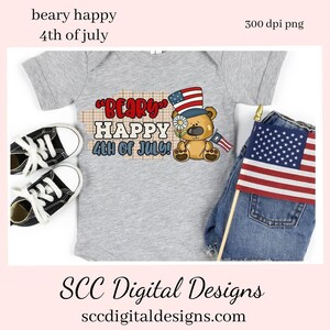 May include: A gray onesie with a cartoon bear wearing a red, white, and blue hat and holding a small American flag. The text "BEARY" HAPPY 4th of JULY!" is printed on the onesie.