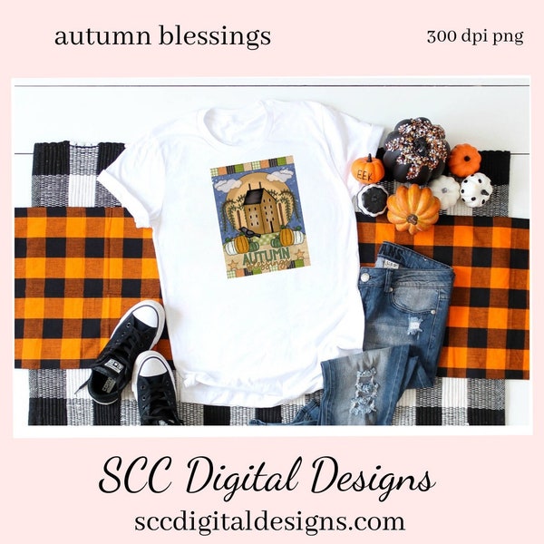 Autumn Blessings Clipart, Primitive Design, Salt Box House, Fall Pumpkins, DIY Home Decor, Instant Download, Commercial Use, Clip Art Set