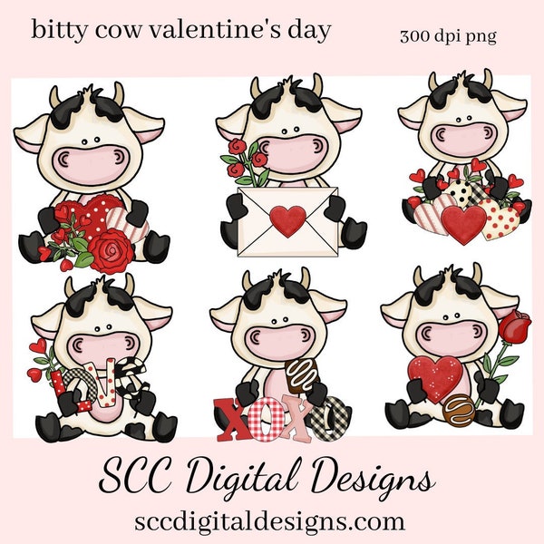 Valentine Cow PNG, Black White Cow, Valentine Clipart, Red Roses, Red Hearts, DIY Gift for Her, Instant Download, Commercial Use Clip Art