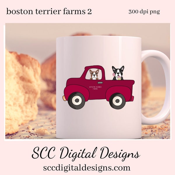 Boston Terrier PNG, Vintage Red Truck, Black & White Dog, DIY Gift for Her, Instant Download, Dog Clip Art PNG, Commercial Use Art