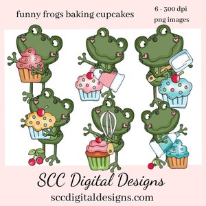 Funny Frogs Baking Cupcakes Clipart Set, Dancing Frog Frosted Cupcake, Cerezas, Descarga instantánea, Uso comercial, Clip Art PNG, Digi Scrap